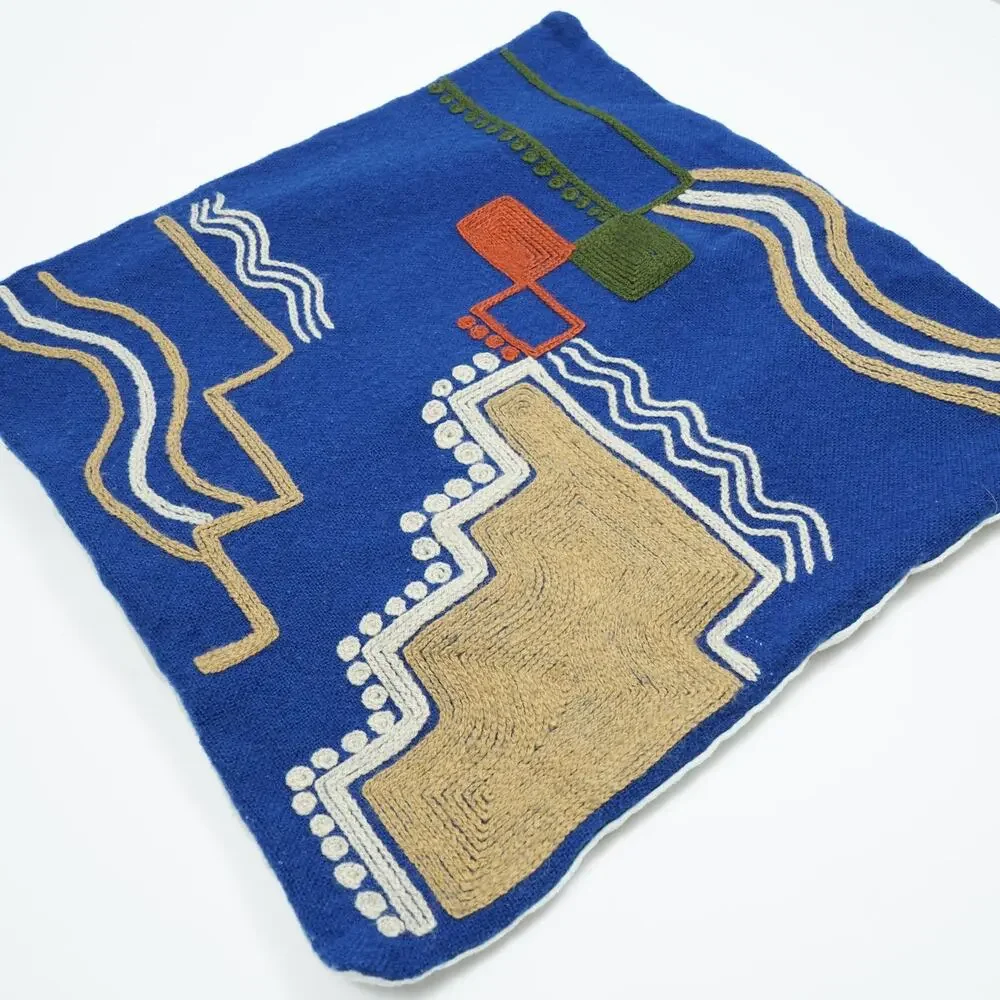 Vintage Handwoven Textile Pillow Cover 17x17 Blue Geometric Boho Southwestern